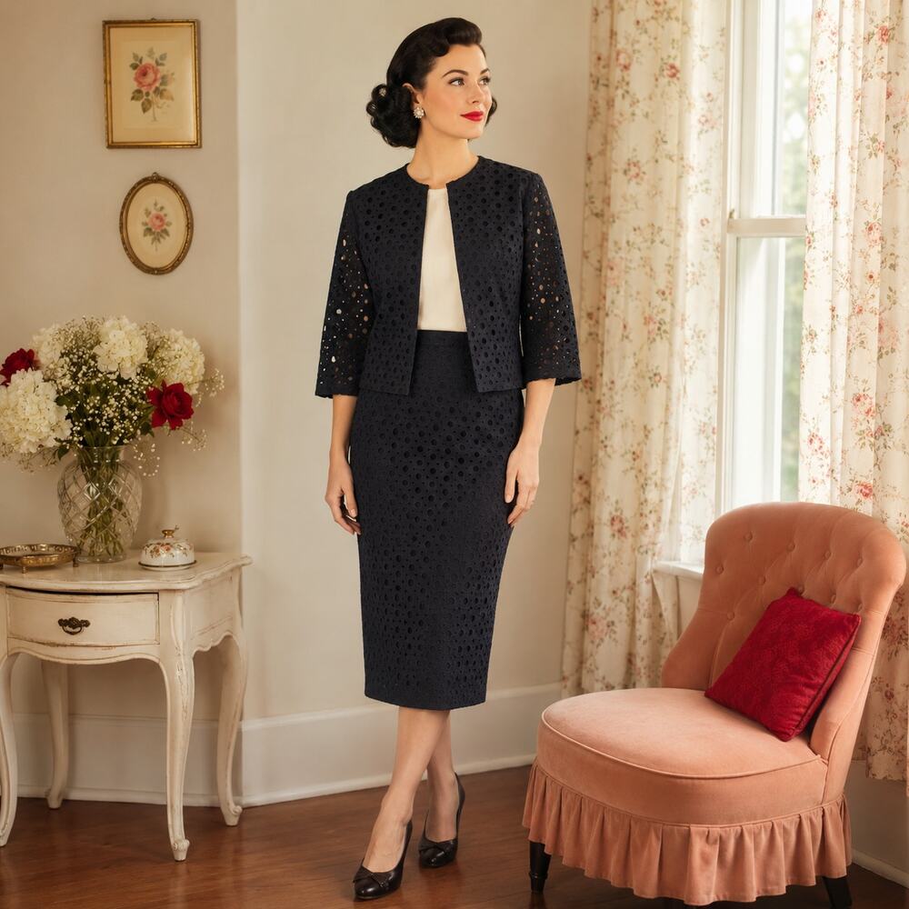 1950s Vintage Black Eyelet Jacket & Pencil Skirt Suit Set - S / M